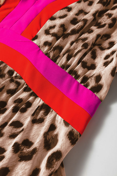 Leopard Print V Neck Patchwork Loose Fit Maxi Dress