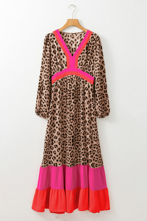 Leopard Print V Neck Patchwork Loose Fit Maxi Dress