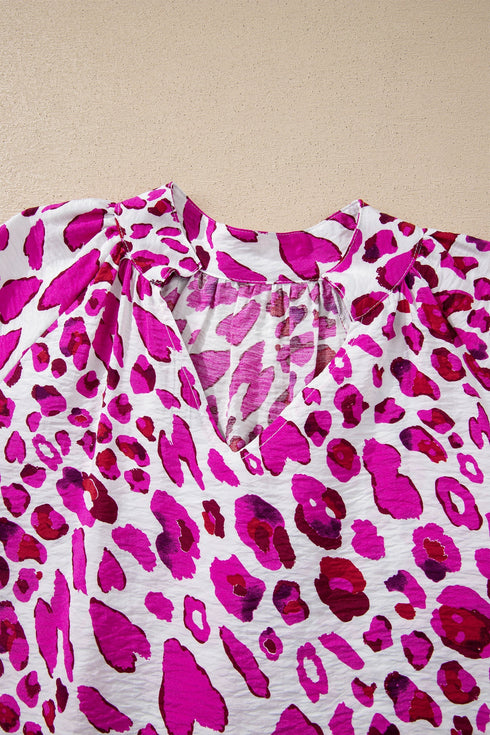 Leopard Print V Neck Puffed Half Sleeve Blouse