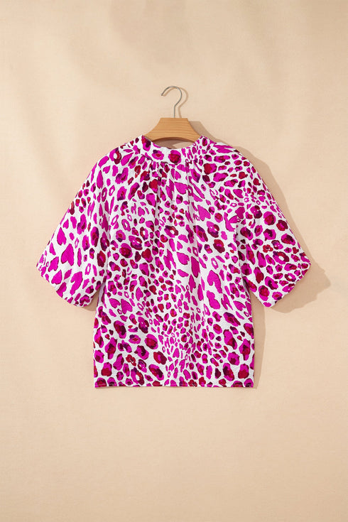 Leopard Print V Neck Puffed Half Sleeve Blouse