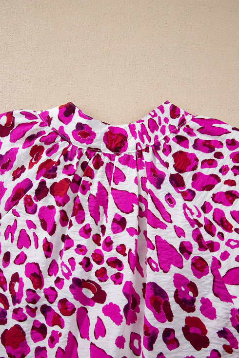 Leopard Print V Neck Puffed Half Sleeve Blouse