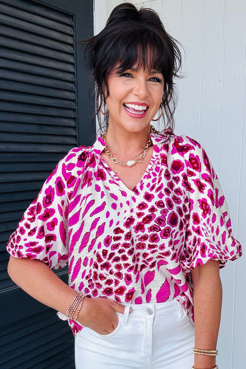 Leopard Print V Neck Puffed Half Sleeve Blouse