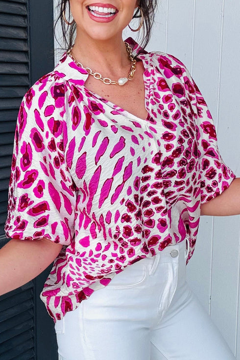 Leopard Print V Neck Puffed Half Sleeve Blouse