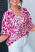 Leopard Print V Neck Puffed Half Sleeve Blouse