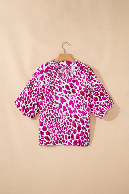 Leopard Print V Neck Puffed Half Sleeve Blouse