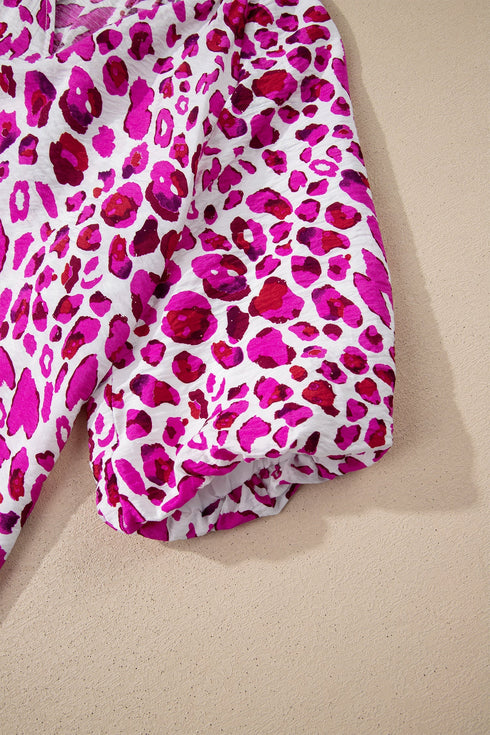 Leopard Print V Neck Puffed Half Sleeve Blouse