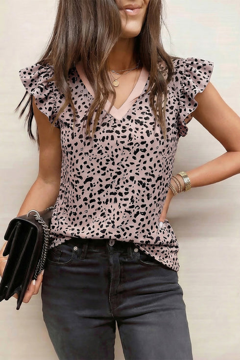 Leopard Print V Neck Ruffle Trim Loose Tank Top
