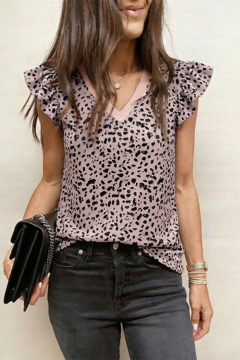 Leopard Print V Neck Ruffle Trim Loose Tank Top