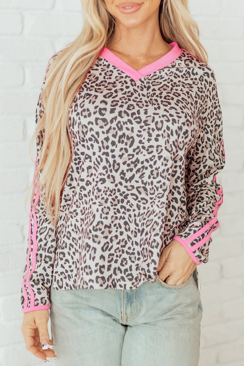 Leopard Print V Neck Varsity Stripe Long Sleeve Top