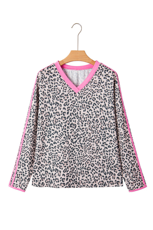 Leopard Print V Neck Varsity Stripe Long Sleeve Top