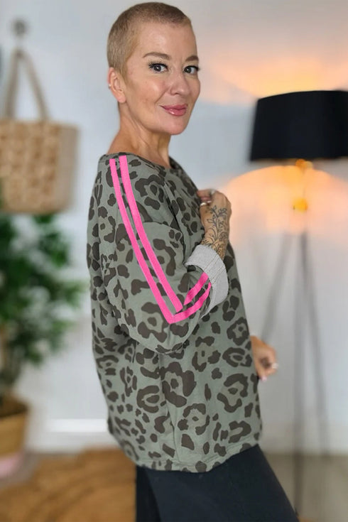Leopard Print Varsity Stripe Crew Neck Top