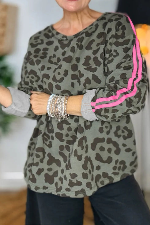 Leopard Print Varsity Stripe Crew Neck Top