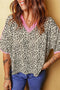 Leopard Print Varsity Trim V Neck Short Sleeve Top