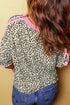 Leopard Print Varsity Trim V Neck Short Sleeve Top