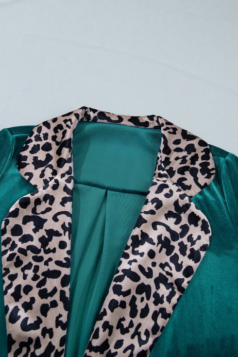 Leopard Print Velvet Lapel Collar Open Front Cardigan