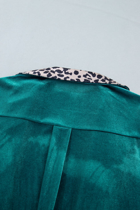 Leopard Print Velvet Lapel Collar Open Front Cardigan