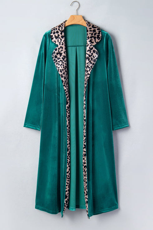 Leopard Print Velvet Lapel Collar Open Front Cardigan