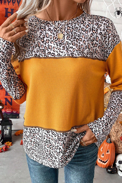 Leopard Print Waffle Knit Patchwork Top