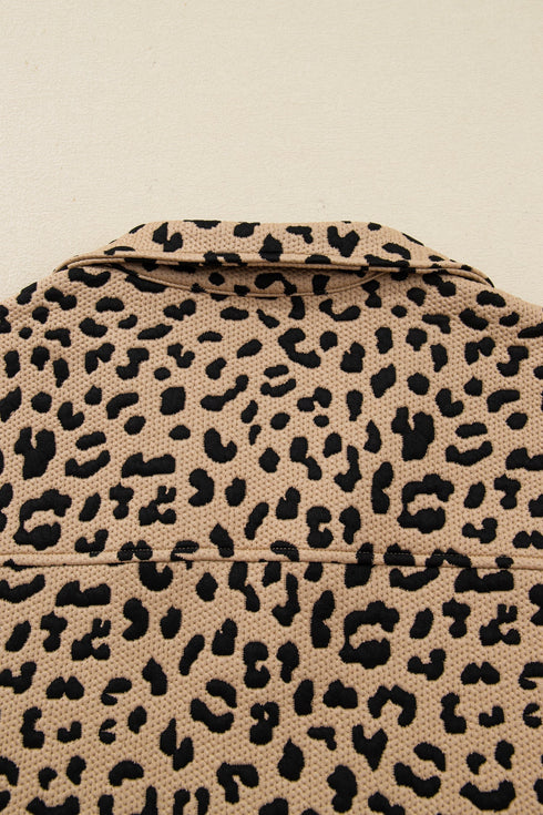 Leopard Print Waffle Knit Split Neck Pullover