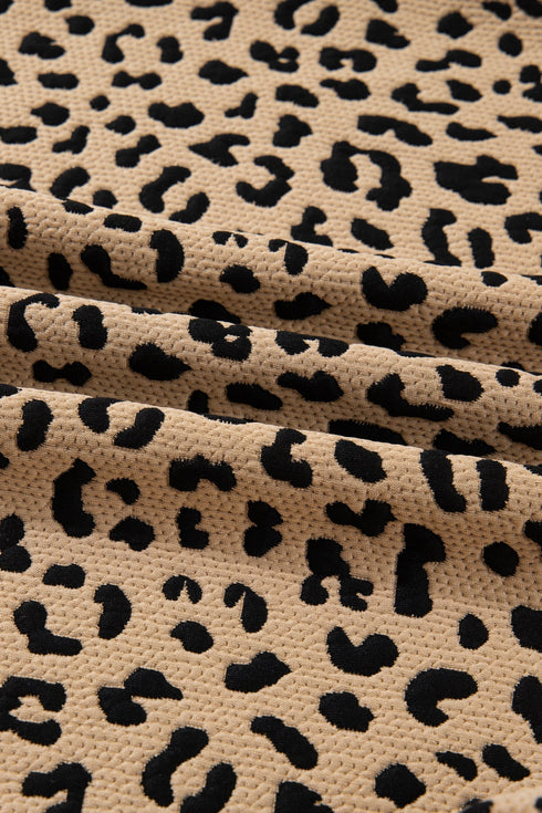 Leopard Print Waffle Knit Split Neck Pullover