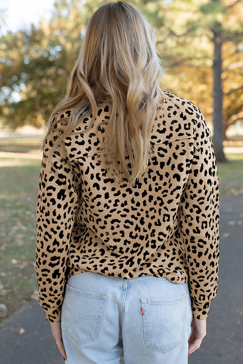 Leopard Print Waffle Knit Split Neck Pullover