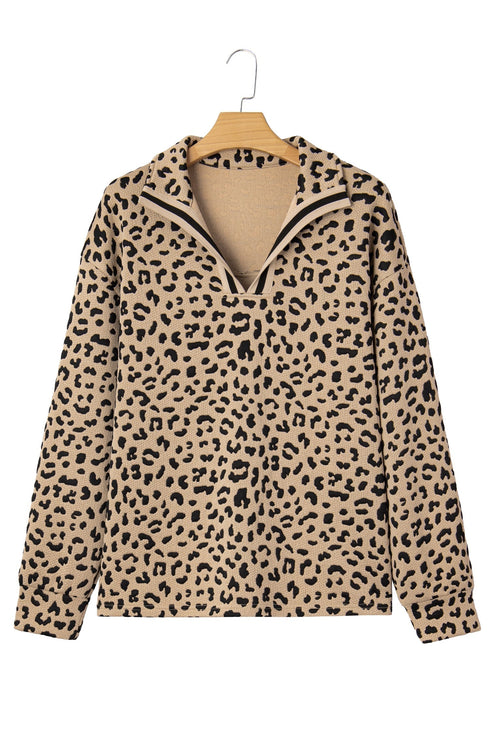 Leopard Print Waffle Knit Split Neck Pullover