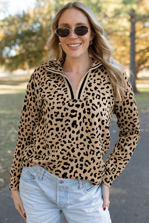 Leopard Print Waffle Knit Split Neck Pullover