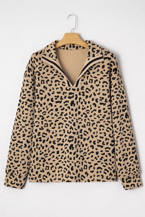 Leopard Print Waffle Knit Split Neck Pullover