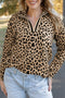 Leopard Print Waffle Knit Split Neck Pullover