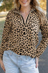 Leopard Print Waffle Knit Split Neck Pullover