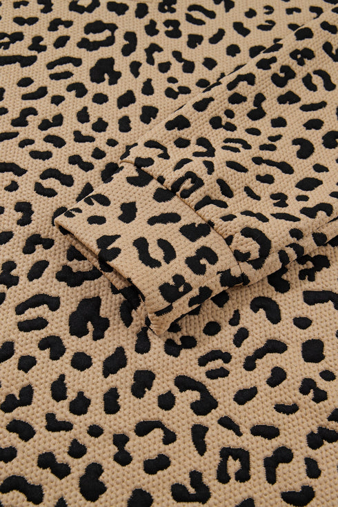 Leopard Print Waffle Knit Split Neck Pullover