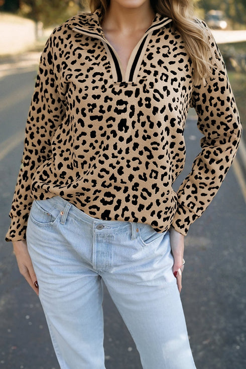 Leopard Print Waffle Knit Split Neck Pullover