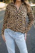 Leopard Print Waffle Knit Split Neck Pullover