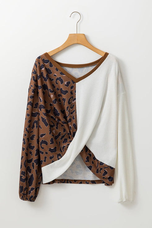 Leopard Print Waffle Knit Twist Hem Top