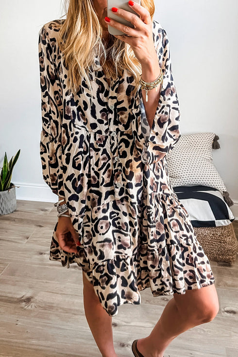 Leopard Print Western Button Front Tiered Mini Dress