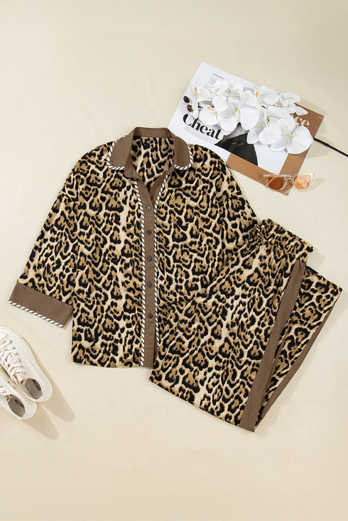 Leopard Print Western Collared Wide Leg Pant Set