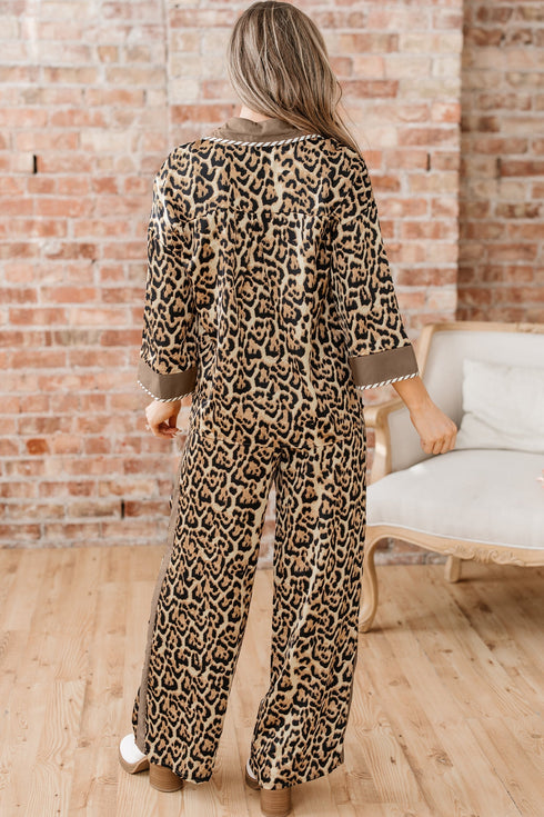 Leopard Print Western Collared Wide Leg Pant Set