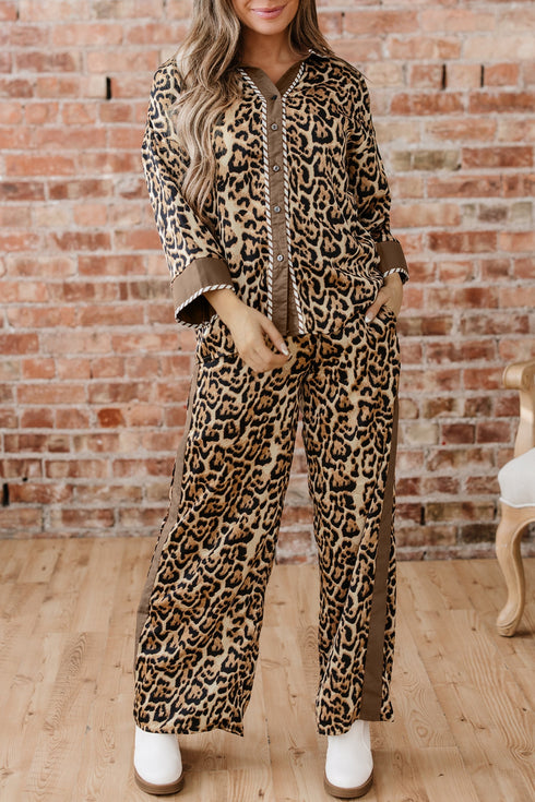 Leopard Print Western Collared Wide Leg Pant Set