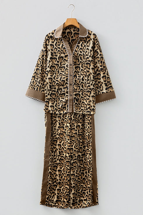 Leopard Print Western Collared Wide Leg Pant Set