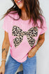 Leopard Print Western Embroidered Bow Round Neck Cotton Top