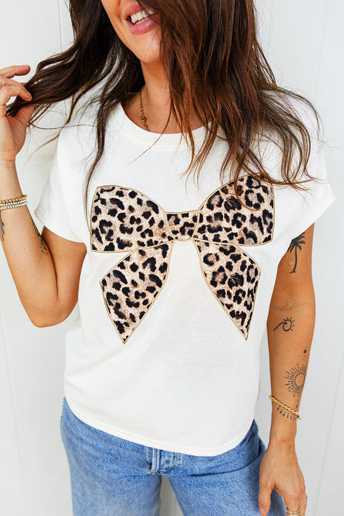 Leopard Print Western Embroidered Bow Round Neck Cotton Top