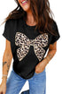 Leopard Print Western Embroidered Bow Round Neck Cotton Top