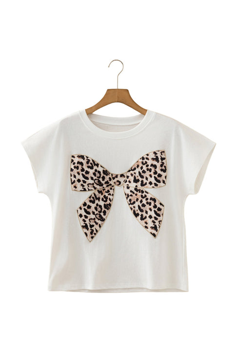 Leopard Print Western Embroidered Bow Round Neck Cotton Top