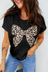 Leopard Print Western Embroidered Bow Round Neck Cotton Top