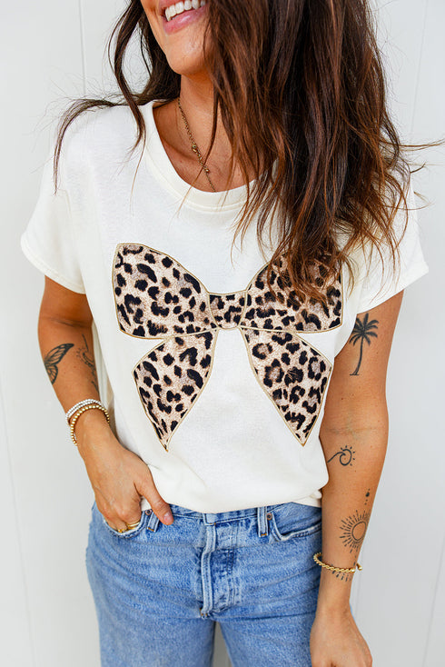 Leopard Print Western Embroidered Bow Round Neck Cotton Top
