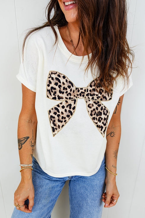 Leopard Print Western Embroidered Bow Round Neck Cotton Top