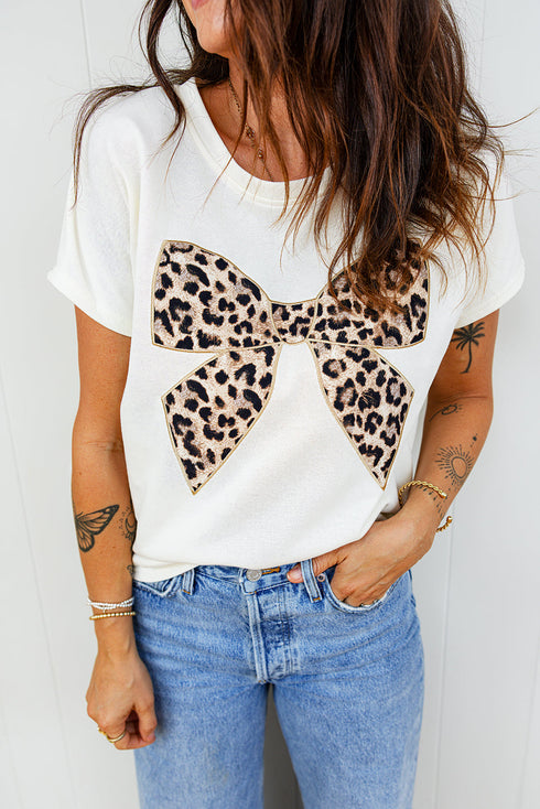 Leopard Print Western Embroidered Bow Round Neck Cotton Top