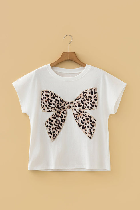 Leopard Print Western Embroidered Bow Round Neck Cotton Top