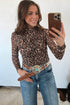 Leopard Print Western High Neck Long Sleeve Slim Top