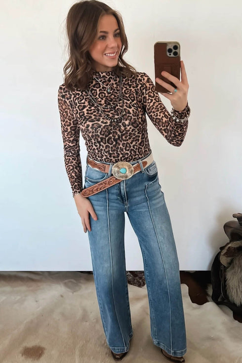 Leopard Print Western High Neck Long Sleeve Slim Top